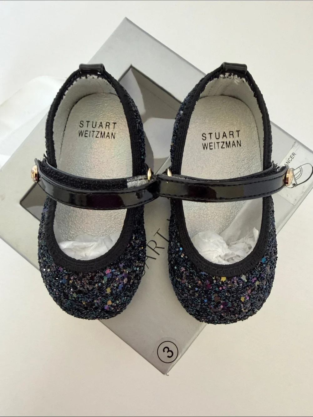 Stuart Weitzman Baby Dancer NEW! Black Sparkle Mary Jane with Gold Accent size 3